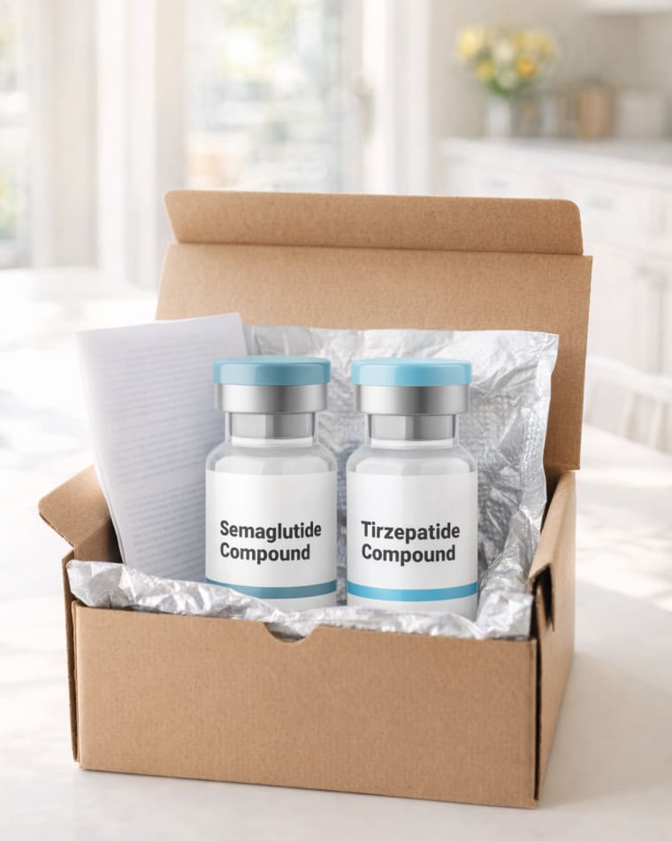 A cold-packed delivery box containing semaglutide and tirzepatide vials